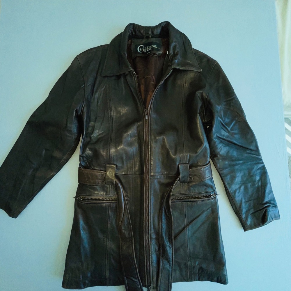 Colebrook & Co Vintage Leather Jacket Belted Zip Front Brown Coat Womens Small